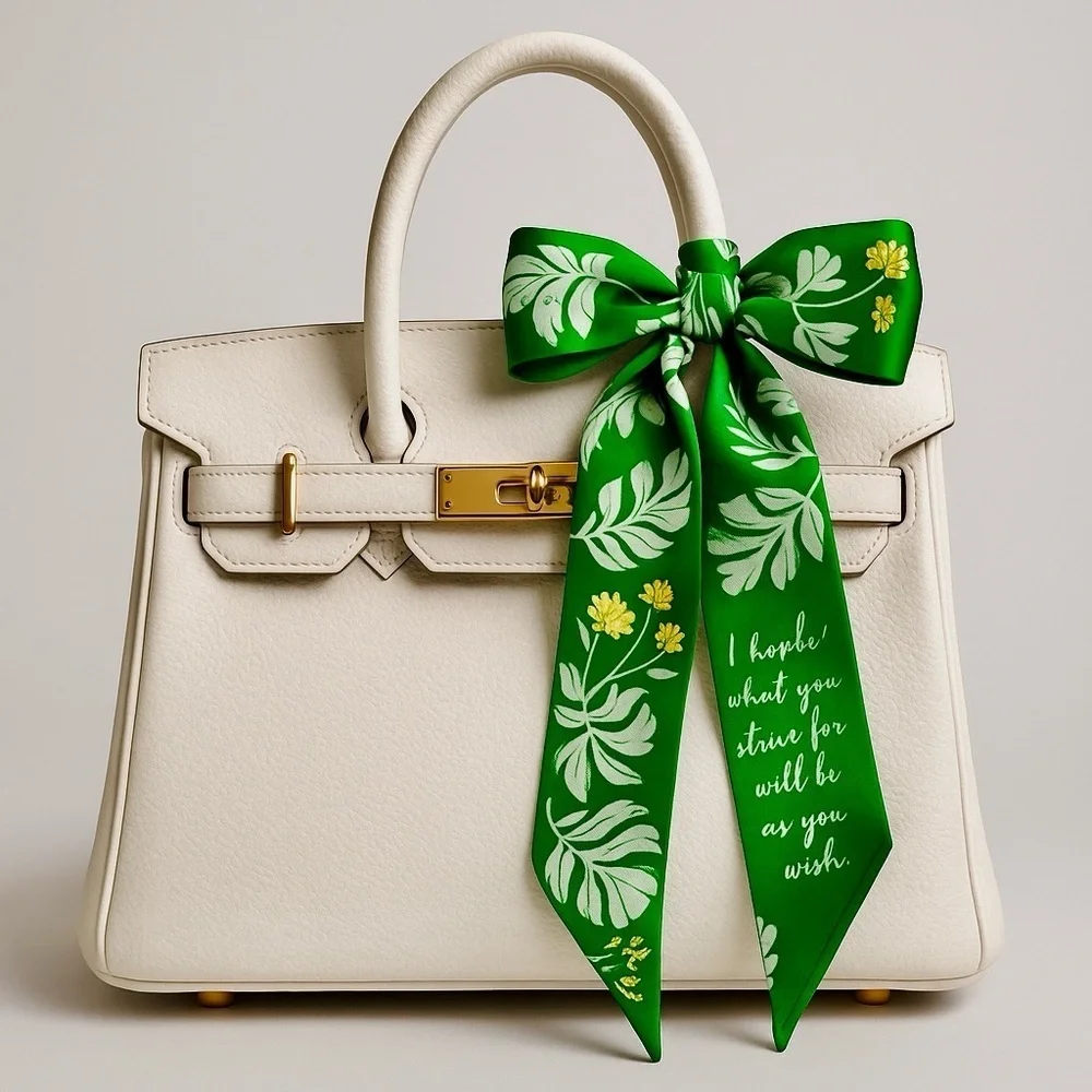 Green Boho Floral Print Long Scarf – Elegant Silk-Inspired Accessory